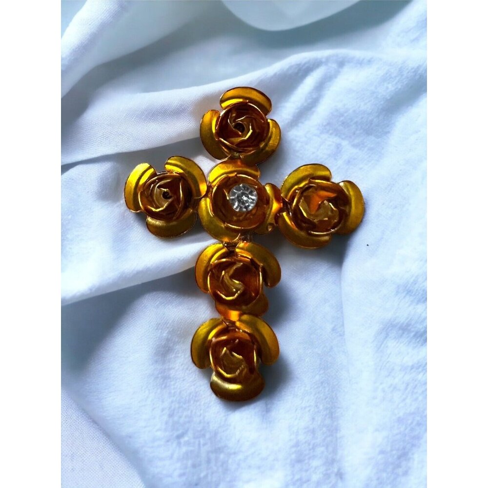 Garden of Faith Gold Roses CROSS Brooch Pin